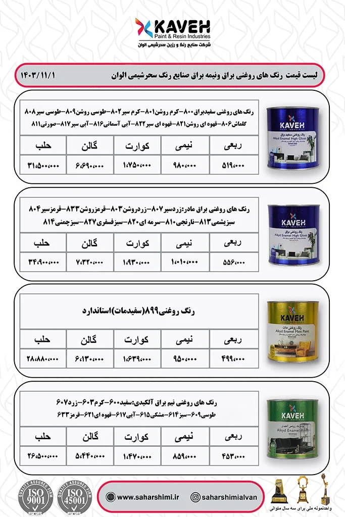 لیست قیمت رنگ های روغنی براق و نیمه براق