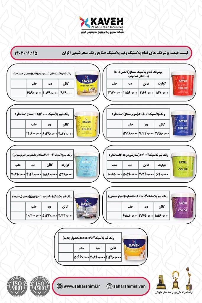 لیست قیمت پوشرنگ های تمام پلاستیک